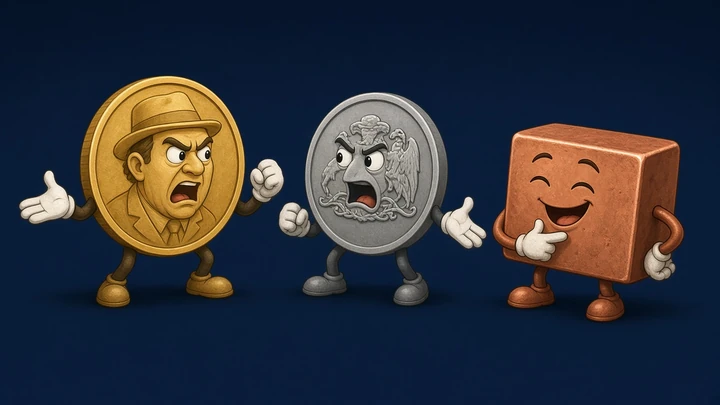 Caricatura de lingote de cobre sonriente mientras el dólar y el peso discuten