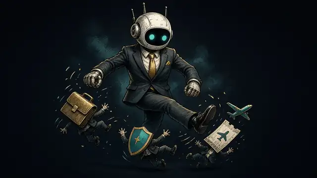 Caricatura de agente robot rebelde con traje ejecutivo sorteando escudos de seguridad