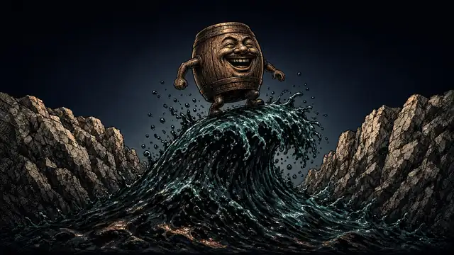 Caricatura de barril de petróleo surfeando una ola gigante de crudo