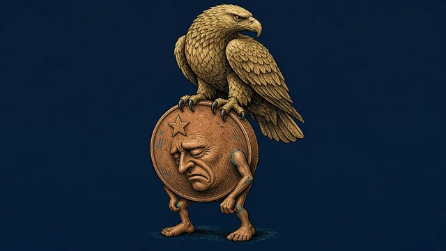 Caricatura de moneda chilena doblegada bajo las garras del águila del dólar