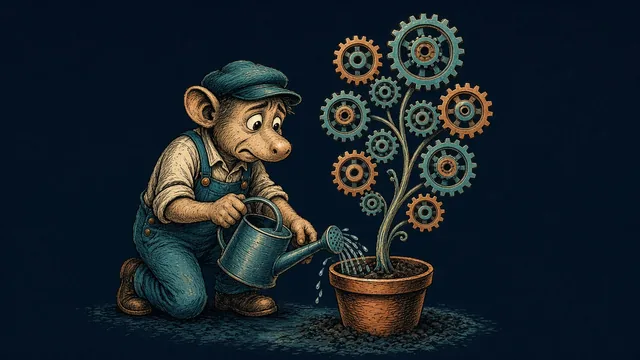 Caricatura de jardinero regando el crecimiento de la cosecha